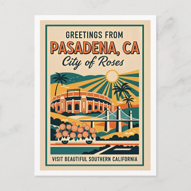 Pasadena CA "Rosornas Stad" Retro Resa Vykort (Framsida)