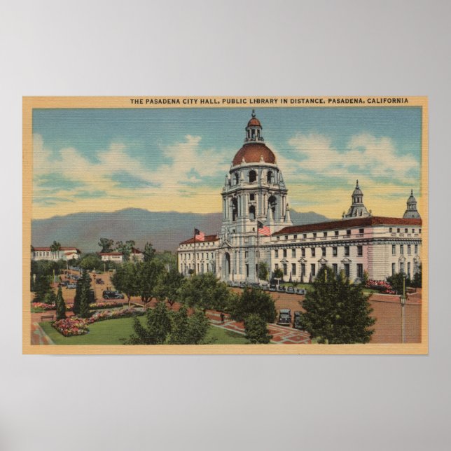 Pasadena, CA - View of City Hall & Public Librar Poster (Framsidan)