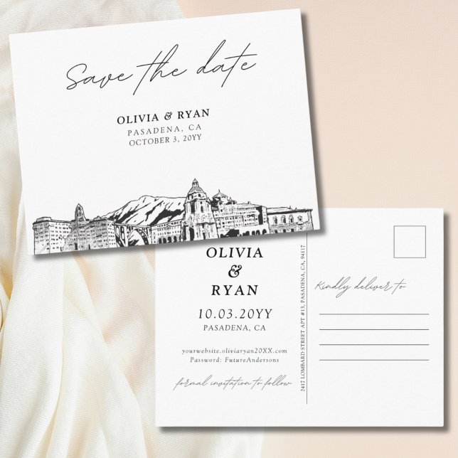 Pasadena Save the Date Postkort Elegant Bröllop Vykort (Pasadena Save the Date Postcard Elegant Wedding)