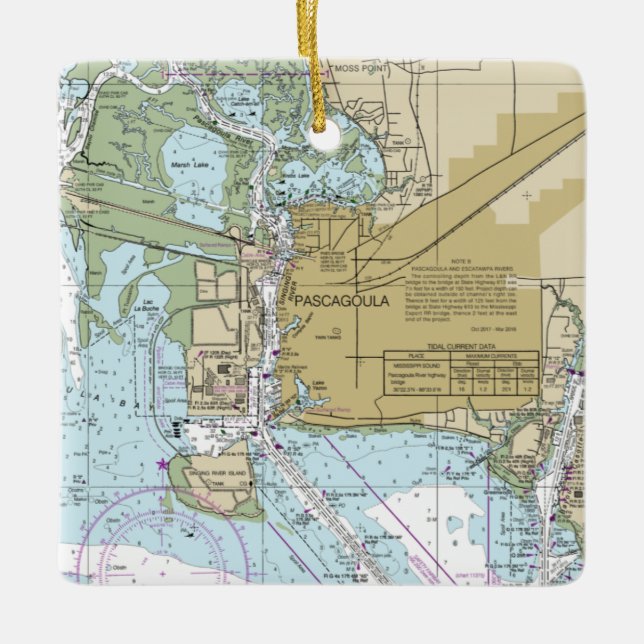 Pascagoula MS Nautical Chart Julgransprydnad Keramik (Framsida)