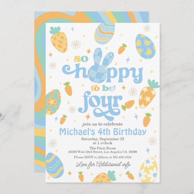 Påsk är så glad att vara fyra pojkfödelsedag inbjudningar (Fram/baksida)