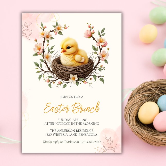 Påsk Baby Chick Gult  Rosa Blommigt UtandningsBrun Inbjudningar (Easter Baby Chick Yellow Pink Floral Wreath Brunch Invitation)