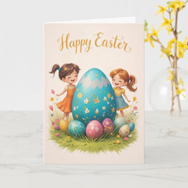 Påsk Barn och färgstarka ägg (Hälsning) Kort (Gul blomma)