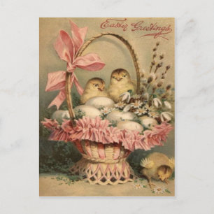 Påsk Basket Egg Chick Rosa Bow Helg Vykort