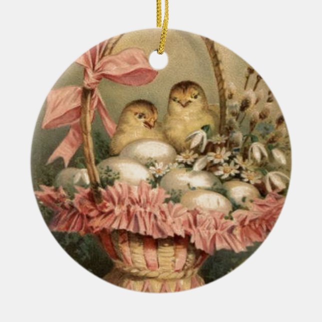 Påsk Basket Egg Chick Rosa Bow Julgransprydnad Keramik (Framsidan)