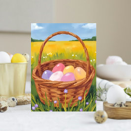 Påsk Basket Egg Hunt Pastel Watercolor Helg Vykort