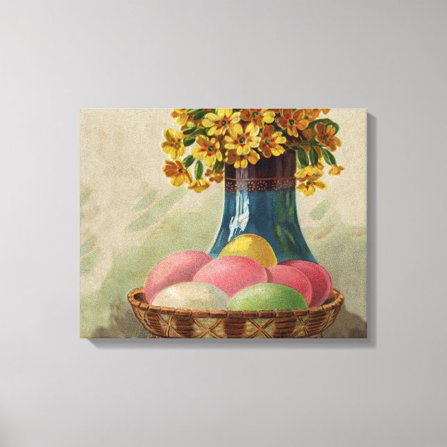 Påsk Basket Eggs Flowers Antique Canvastryck (Framsida)