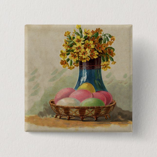 Påsk Basket Eggs Flowers Antique Knapp (Framsida)