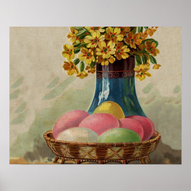 Påsk Basket Eggs Flowers Antique Poster (Framsidan)