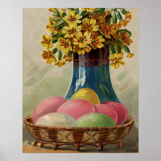 Påsk Basket Eggs Flowers Antique Poster (Framsidan)