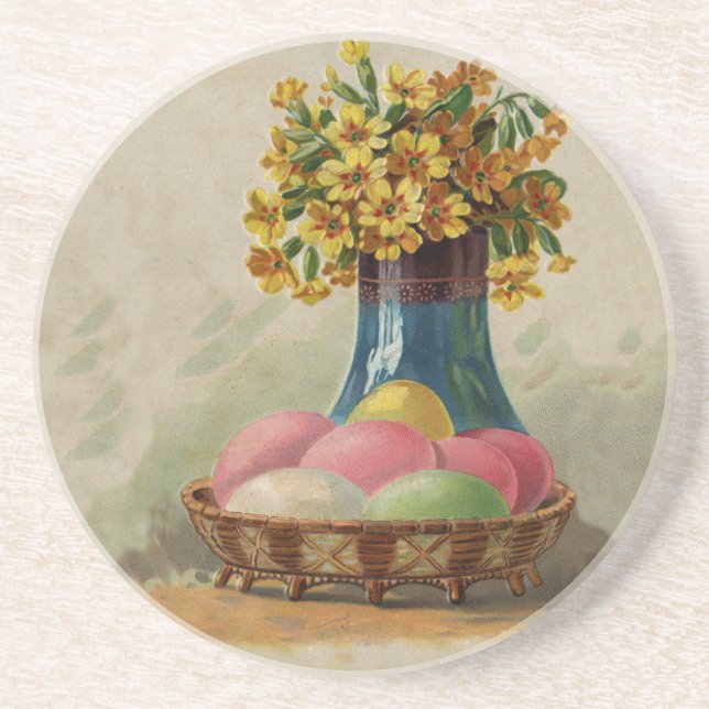 Påsk Basket Eggs Flowers Antique Underlägg Sandsten (Framsidan)