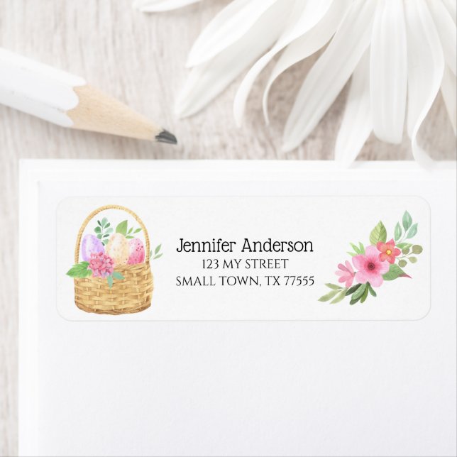 Påsk Basket Eggs Vår blommor Rosa Adress Returadress Etikett (Insitu)