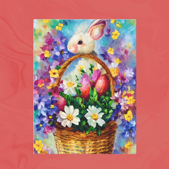 Påsk Basket, Flowers och Bunny Oljemålning Vykort (Skapare uppladdad)