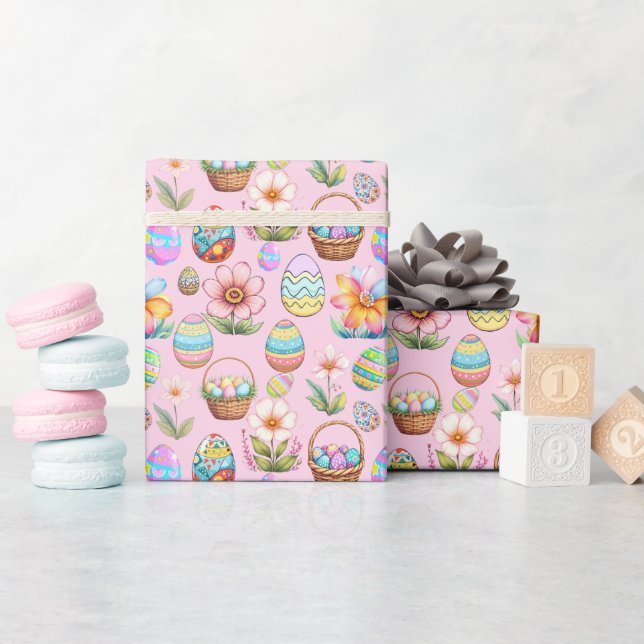 Påsk Basket och Eggs Mönster - mjuk rosa Presentpapper (Baby Shower)