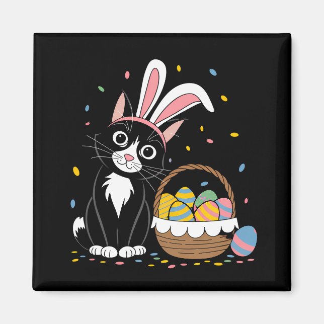 Påsk Black Cat Tuxedo Rabbit Bunny Öron Eggs Magnet (Framsidan)