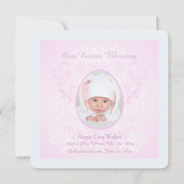Påsk Blating Rosa Photo Birth Notice Julkort (Framsida)