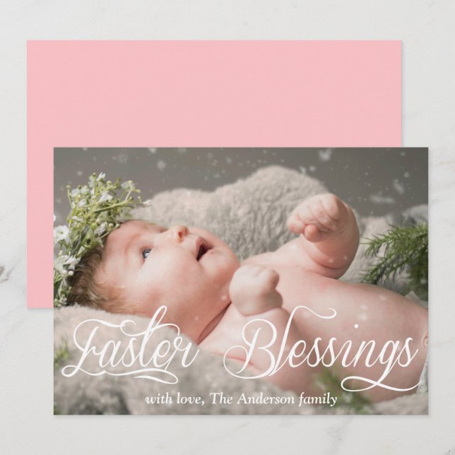 Påsk Blessings Baby Family Rosa Photo Julkort (Fram/baksida)