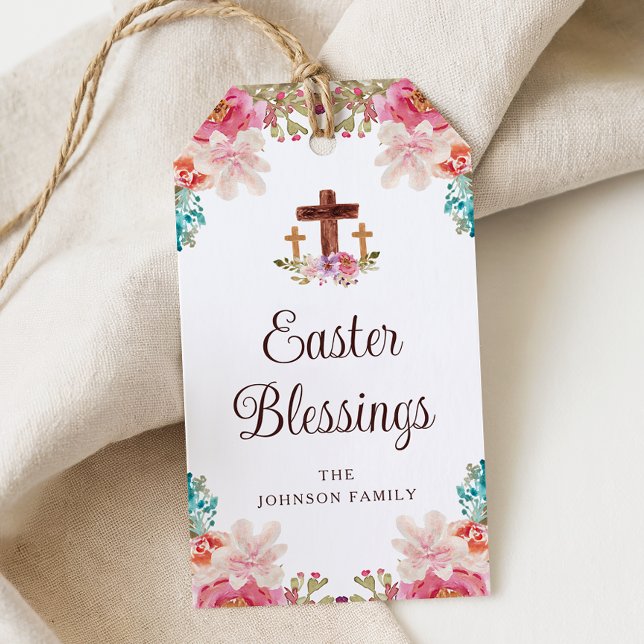 Påsk Blessings Elegant Blommigt Kor Presentetikett (Easter Blessings Elegant Floral Cross Gift Tags)