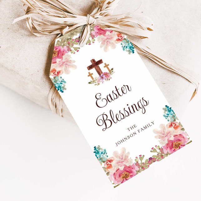 Påsk Blessings Elegant Blommigt Kor Presentetikett (Easter Blessings Elegant Floral Cross Gift Tags)
