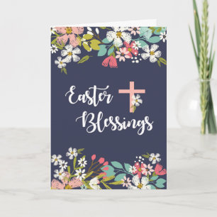 Påsk Blessings of Risen Kristus Flowers on Navy Kort