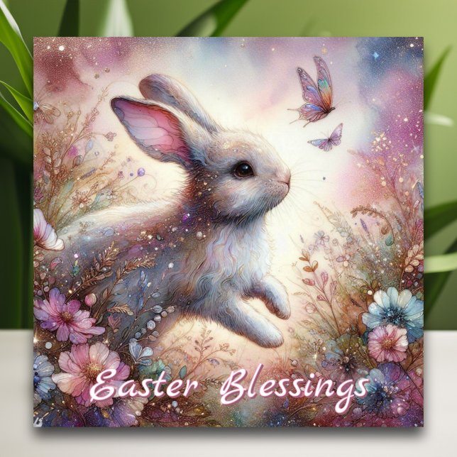 Påsk Blessings Rosa Blommigt Watercolor Bunny Julkort (Skapare uppladdad)