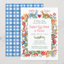 Påsk Blue Folk Art Bunny Rabbit Gingham Egg Hunt