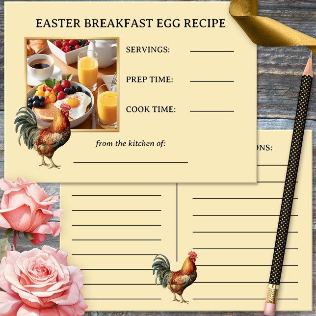 Påsk Breakfast Tupp Egg-fotoreceptkort (Elegant Easter egg breakfast recipe card featuring your custom photo with a rooster.)