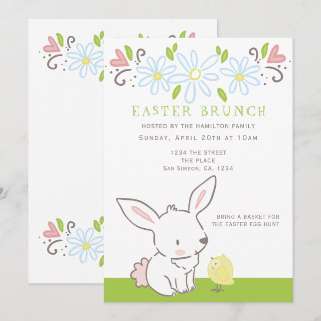 Påsk Brunch Bunny och Chick med Vår blommor Inbjudningar (Fram/baksida)