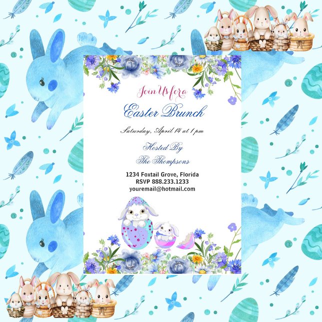 Påsk Brunch Decorative Egg Birds Bunny Blommigt Inbjudningar (Easter Brunch Decorative Egg Birds Bunny Floral Invitation)