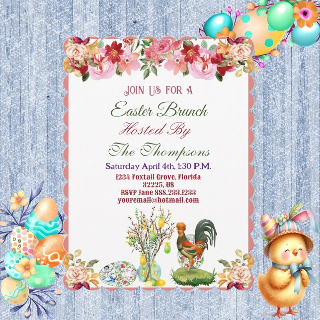 Påsk Brunch Decorative Eggs Hen Blommigt Träd Cute Inbjudningar (Easter Brunch Decorative Eggs Hen Floral Tree Cute Invitation)