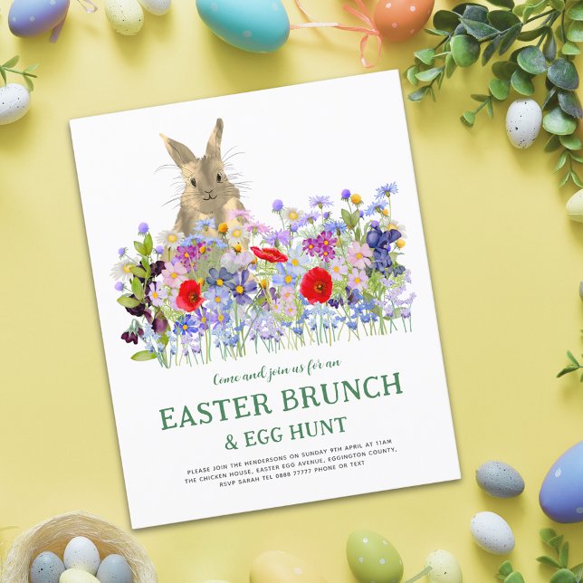 Påsk Brunch Egg Hunt Bunny Blommigt Budget Flygblad (Easter egg hunt spring brunch cute bunny floral budget invitation Watercolor wildflowers meadow )