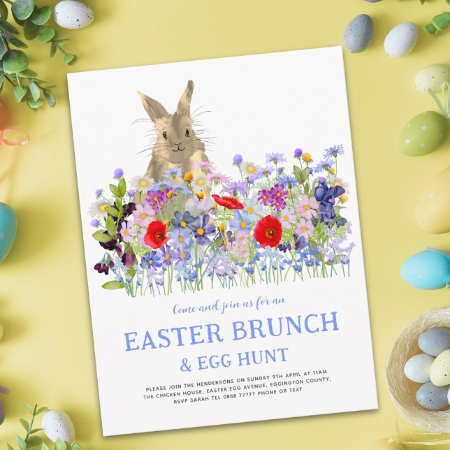 Påsk Brunch Egg Hunt Bunny och Wildblommor Inbjudan Vykort (Easter egg hunt spring brunch cute bunny watercolor wildflower floral holiday invitation postcard)