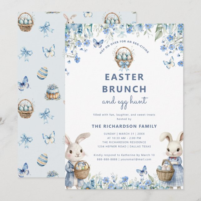 Påsk Brunch & Egg Hunt Cute Blue Blommigt Bunny Inbjudningar (Fram/baksida)