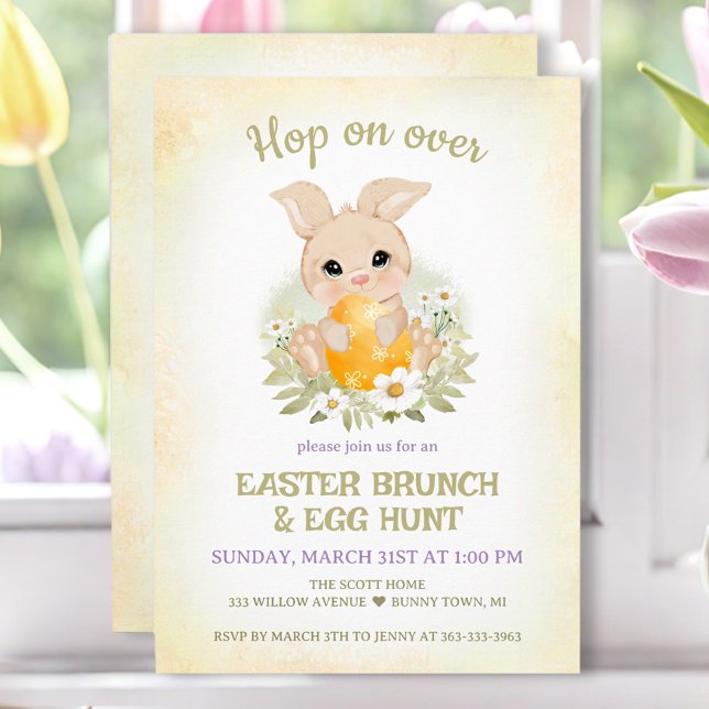 Påsk Brunch Egg Hunt Gult Cute Bunny Inbjudningar (Easter Brunch Egg Hunt Yellow Cute Bunny Invitation)