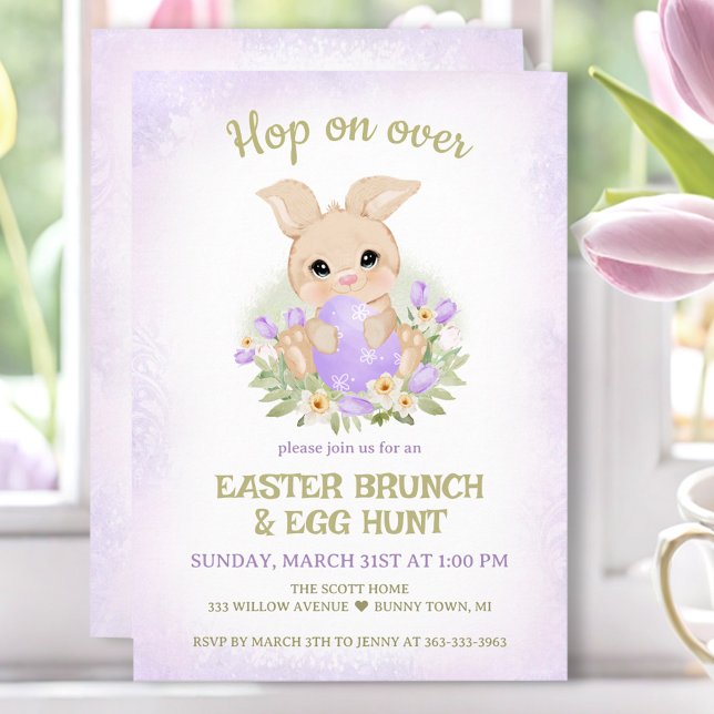 Påsk Brunch Egg Hunt Lila Cute Bunny Inbjudningar (Easter Brunch Egg Hunt Purple Cute Bunny Invitation)