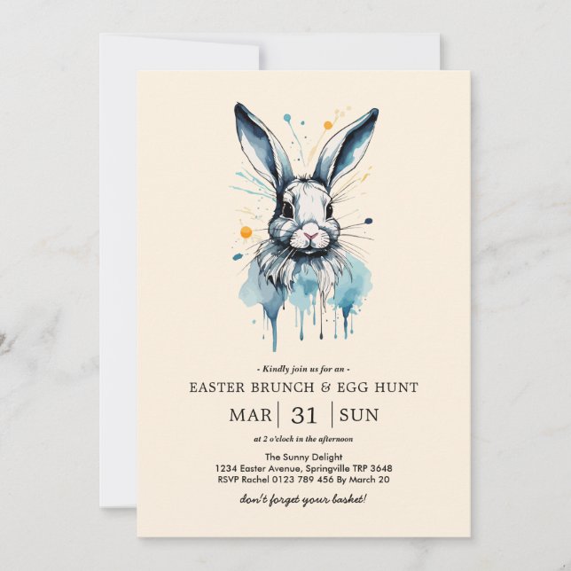 Påsk Brunch & Egg Hunt | Vatten färg Bunny Inbjudningar (Framsida)