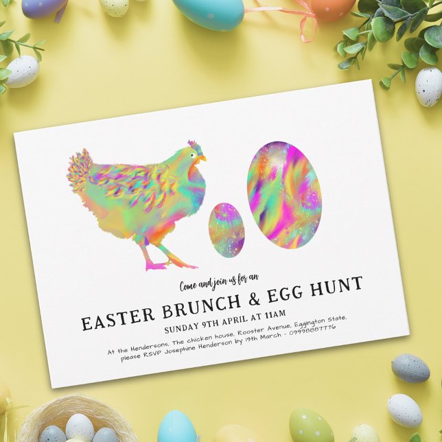 Påsk Brunch och äggsjakt vattenfärg modern Inbjudningar (Easter spring brunch egg hunt colorful watercolor cute hen & eggs simple stylish garden party invite)