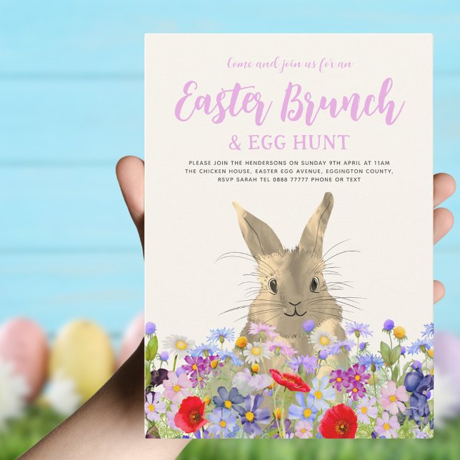 Påsk Brunch och Egg Hunt Boho Bunny Blommigt Inbjudningar (Easter brunch and egg hunt boho wildflowers and bunny invitation)