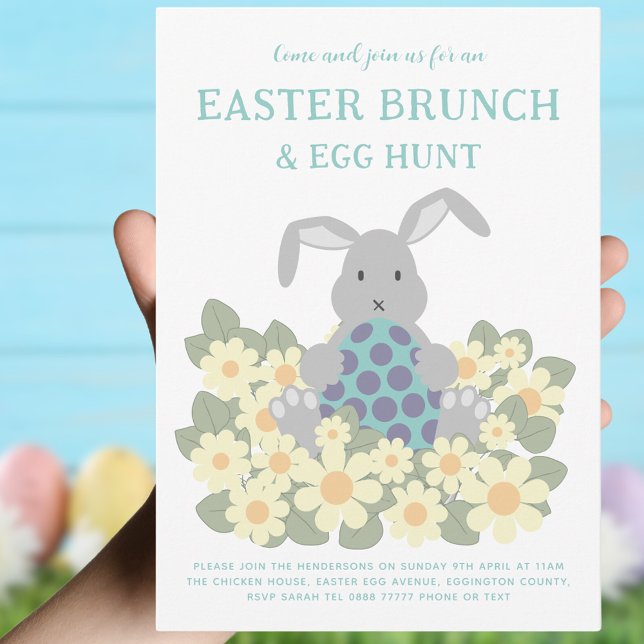 Påsk Brunch och Egg Hunt Cute Bunny Blommigt Inbjudningar (Easter brunch and egg hunt cute bunny spring floral invitation yellow purple teal green)