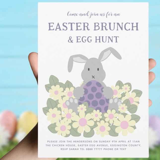 Påsk Brunch och Egg Hunt Cute Bunny Blommigt Inbjudningar (Easter brunch and egg hunt cute bunny spring floral invitation. Modern Pink purple green and gray)