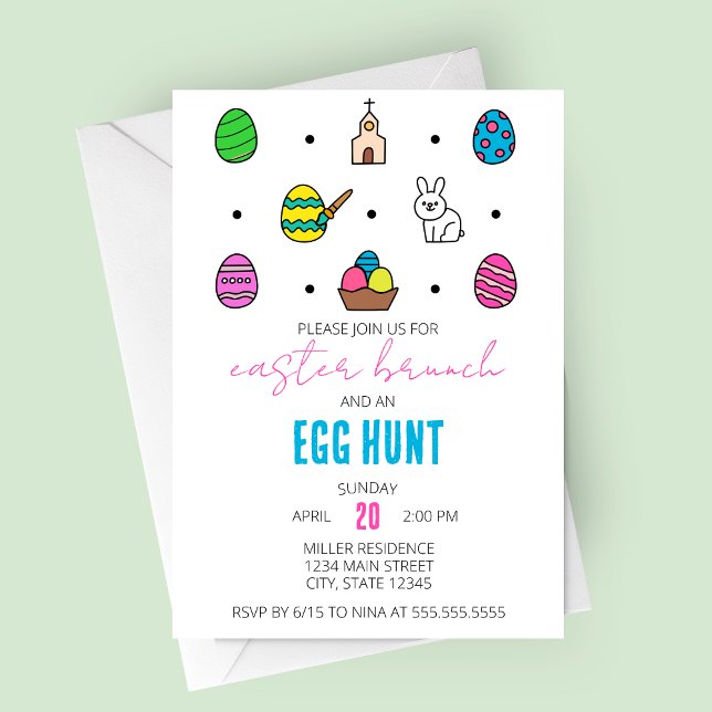Påsk Brunch och Egg Hunt Line Icons Påsk Party Inbjudningar (Easter Brunch and Egg Hunt | Modern Easter Icons Party Invitation)