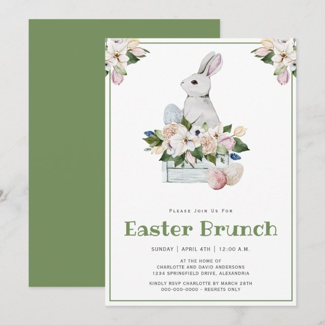 Påsk Brunch och Egg Hunt Watercolor Rabbit Bunny Inbjudningar (Fram/baksida)