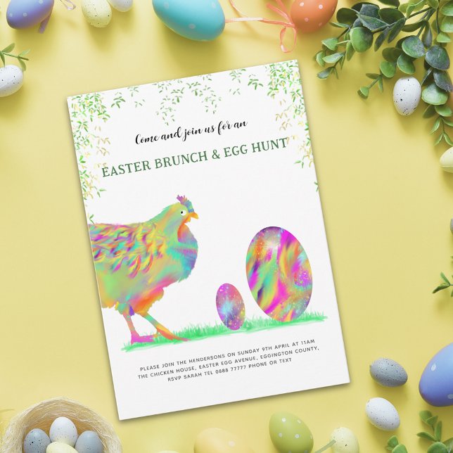 Påsk brunch och grönt för äggjakt på vattenfärg (Easter egg hunt spring brunch cute colorful watercolor Hen & Eggs garden party budget invitation)