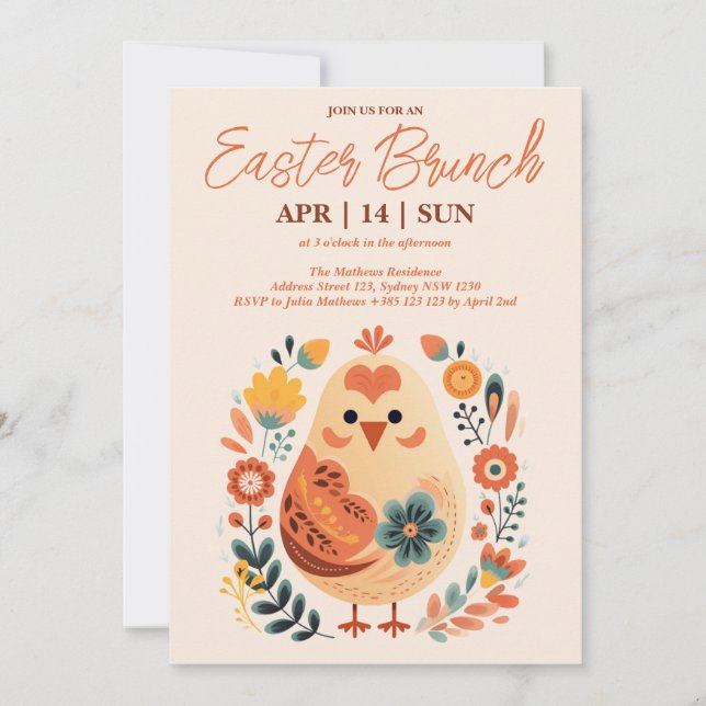 Påsk Brunch Scandinavian Blommigt Chicken Inbjudningar (Framsida)