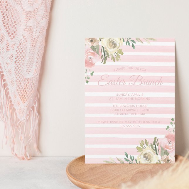 Påsk Brunch Söt Rosa Stripe Blommigt Chic Inbjudningar (Skapare uppladdad)