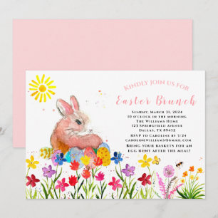 Påsk Brunch Watercolor Bunny Rabbit Eggs Blommigt Inbjudningar