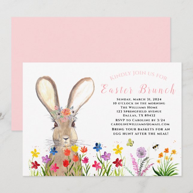 Påsk Brunch Watercolor Bunny Rabbit Eggs Blommigt Inbjudningar (Fram/baksida)