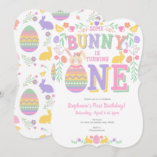 Påsk, Bunny, flicka 1:a, födelsedagen i Vår Inbjudningar (Fram/baksida)