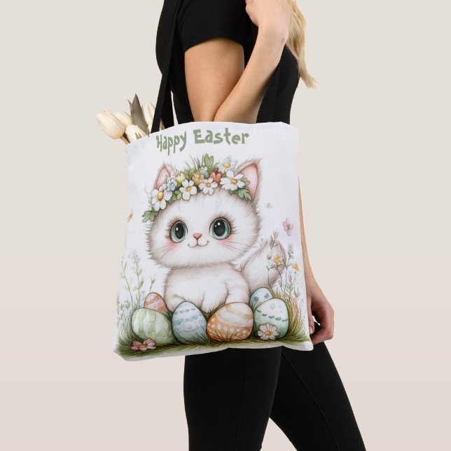 Påsk Cat Tote Bag - Cute Cat with Eggs & Blommigt Tygkasse (Närbild)