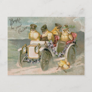 Påsk Chick Antique Car Glöm - Me- Not - Not Helg Vykort